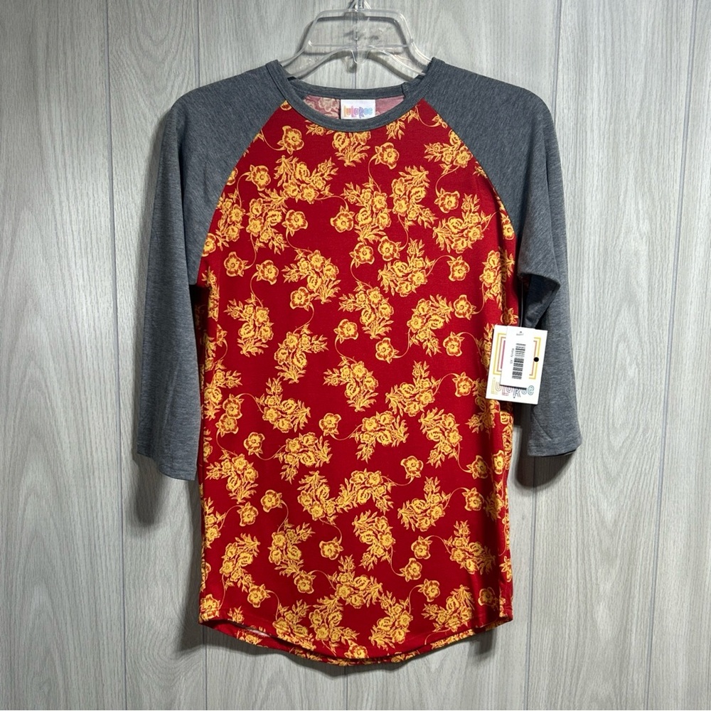 LuLaRoe NWT Gray, Red And Yellow Floral 3/4 Sleeve Randy Shirt Size XS